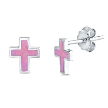 Cross Stud Earrings Lab Created Pink Opal 925 Sterling Silver